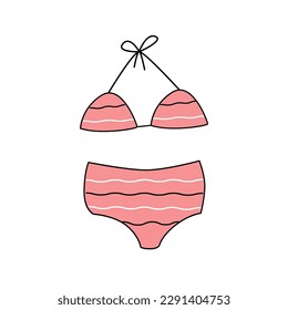 Summer beach swimsuit. Vector illustration of underwear. Line drawing of bra and underpants with high waist. Hand drawn sketch doodle style.