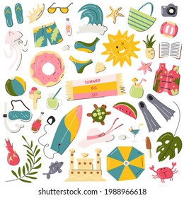 Summer beach symbols big set isolated on white. Scrapbooking elements bundle. Seasonal holidays seaside icons collection. Hand drawn travel, vacation concept. Vector flat cartoon line illustration