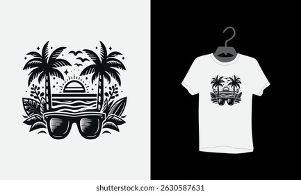 summer beach t shirt design, tropical beach, palm tree beach, summer sunset art,  silhouette, sunglasses, Vibrant, Retro Ocean Landscape,
relaxation, travel, adventure, tee, surf, 