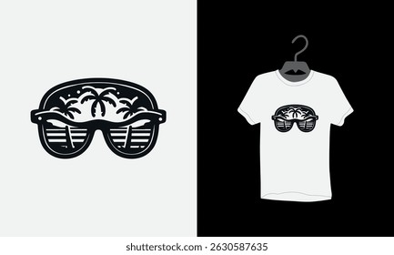 summer beach t shirt design, tropical beach, palm tree beach, summer sunset art,  silhouette, sunglasses, Vibrant, Retro Ocean Landscape,
relaxation, travel, adventure, tee, surf, 
