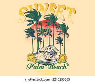 Sommerstrand mit Shirt, Palmenstrand mit Miami Sonnenuntergang, tropischer Sonnenuntergang. Surfen und Strand. Vintage Stranddruck. Grafikdesign