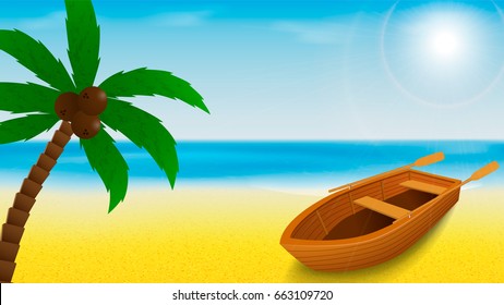 Summer beach template with rowing boat and palm tree on a foreground and tropical blue sea on a background. Vector illustration.