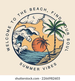 texto de playa de verano con una ilustración de olas, para estampados de camisetas, carteles