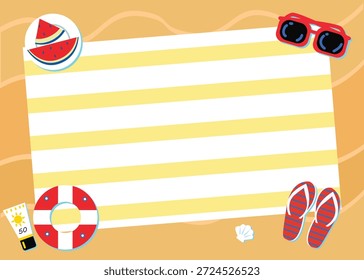 summer beach theme background with yellow stripes, watermelon, surfboard, and beach ball icons. Copy space for text.