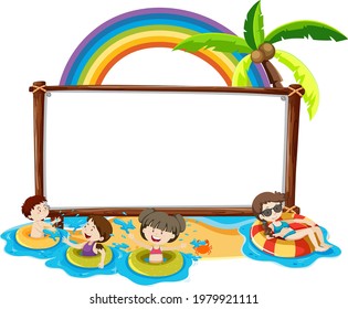 Summer beach theme with blank banner isolated on white background illustration