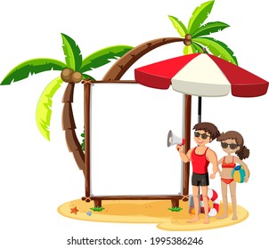 Summer beach theme with blank banner isolated on white background illustration
