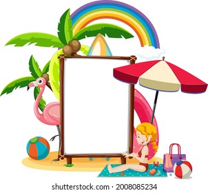 Summer beach theme with blank banner isolated on white background illustration