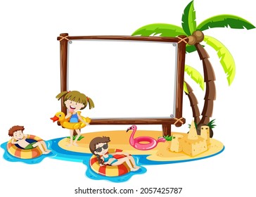 Summer beach theme with blank banner isolated on white background illustration