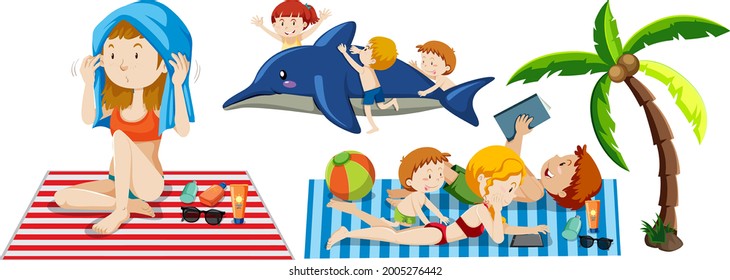 Summer beach theme with cartoon character of many kids isolated illustration