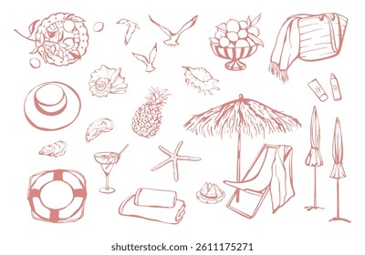 Summer beach theme hand drawn set. Various seaside items design for card, poster, social media, travel