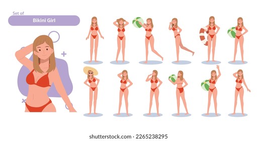 Sommer Strand Thema, sexy Bikini Mädchen-Zeichensatz. Frau in Bikini mit verschiedenen Posen und Emotionen. Flaches Vektorgrafik 