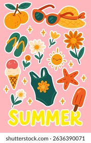 summer beach theme sticker set with swimsuit, flowers, sunglasses, in style