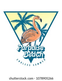 Summer beach theme vector design with a flamingo and palm trees illustrations. For t-shirt prints and other uses.