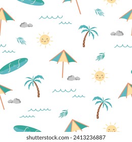 Summer beach theme, vector seamless pattern. Holiday homes, surfing, beach, palms tree, wave, sea, umbrella. Vector illustration