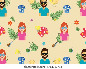 Summer Beach themed collage illustration with a woman and man with sunglasses, beach shirt, coconut drink, ukulele, flower and tree.