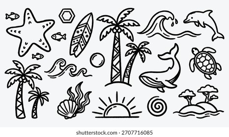 Conjunto de doodle temático de playa de verano con Elementos tropicales y animales marinos