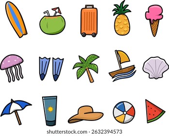 Summer beach themed vector icon set of 15 pieces, including pineapple, watermelon, sunscreen, boat, beach, hat, surfboard, jelly fish, ice cream sea shell, umbrella and others