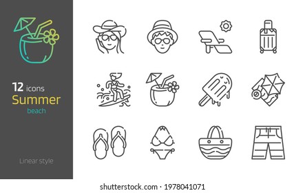 Summer beach thin linear icon set vector illustration.