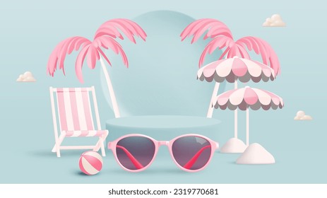 Summer and Beach things with podium in 3d realistic art style with pastel color vector illustration