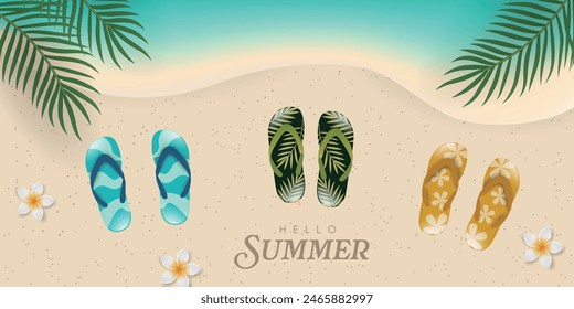 Summer beach with three flip-flops