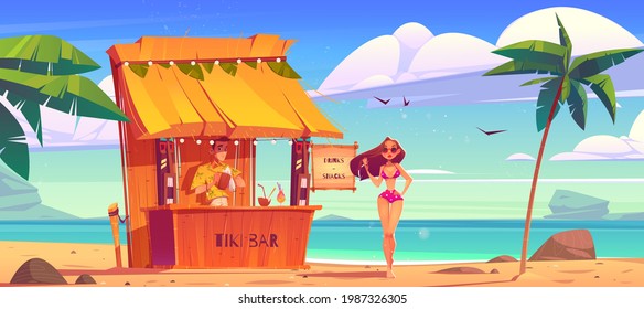 Summer beach with tiki bar and girl in bikini. Sea landscape with wooden cafe, bartender and beautiful woman in sunglasses. Vector cartoon illustration of tropical ocean shore with palm trees