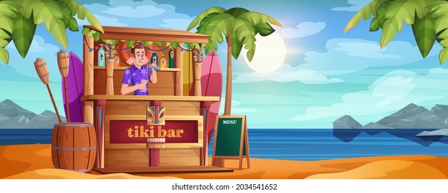 Summer beach with tiki bar and happy barman. Vector cartoon bartender with cocktails and wooden cafe on sandy sea coastline. Tropical ocean shore with palm trees. Hut bar with tribal masks and drinks.