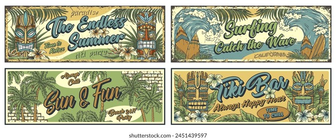 Summer beach tiki signs. Surfing poster set with ethnic masks and tropical leaves. Hawaii wooden tiki mask collection. Traditional idol of hawaiian, maori or polynesian. Old tribal totem for tiki bar.