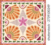 Summer beach tile, scarf, square seamless pattern with seashells, starfish, tribal geometric elements, leaves, stripes, ethnic ornament. Vector tropical vacation background, textile design, wallpaper.