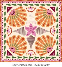 Summer beach tile, scarf, square seamless pattern with seashells, starfish, tribal geometric elements, leaves, stripes, ethnic ornament. Vector tropical vacation background, textile design, wallpaper.