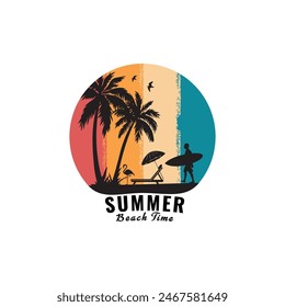 summer beach time phrase vintage circular t-shirt slogan design. Summer Beach Vacation T Shirts, Summer Surfing T Shirt with palm tree.