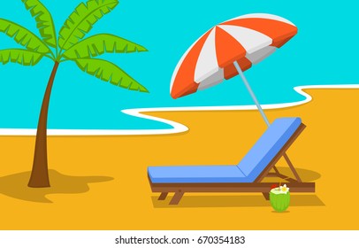 summer beach time vacation background with umbrella, sun lounge chair and palm tree at seaside
