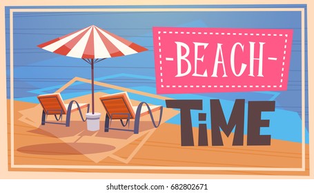 Summer Beach Time Vacation Sea Travel Retro Banner Seaside Holiday Flat Vector Illustration