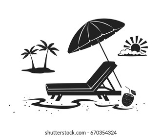 Summer Beach Time Vacation Silhouette  Background With Umbrella, Sun Lounge Chair And Palm Tree At Seaside