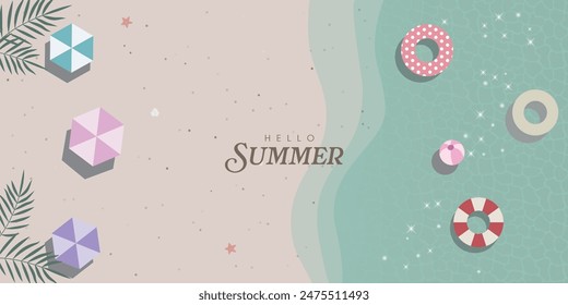 Summer Beach Top View Banner with colorful swim rings, beach ball, umbrella and palm leaves