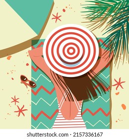 Summer beach top view, girl in hat and swimsuit 
sunbathing, vacation, holidays concept, summertime vector illustration.