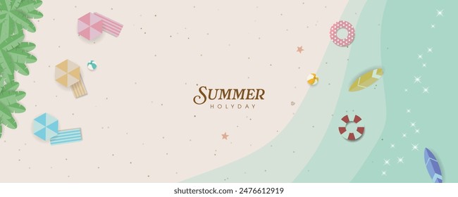 Summer Beach Top View, Hello Summer banner with colorful beach elements