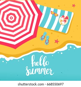 Summer beach top view with umbrella, towel, slippers, icecreams. Vector illustration in flat design style