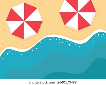 Summer beach top view with beach umbrellas vector flat illustration