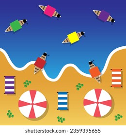 Summer beach top view with waves, umbrellas, coconut fruit, sunbathing area, and fishing boats. Summer time beach background templates in flat style.