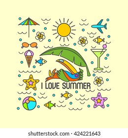 Summer, beach, Toucan, infographics. I love summer. A set of symbols and elements to print on t-shirts.