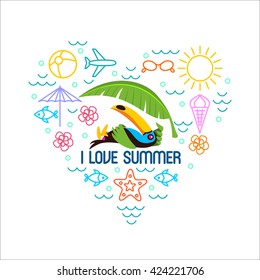 Summer, beach, Toucan, infographics. Set of elements for printing on t-shirts.