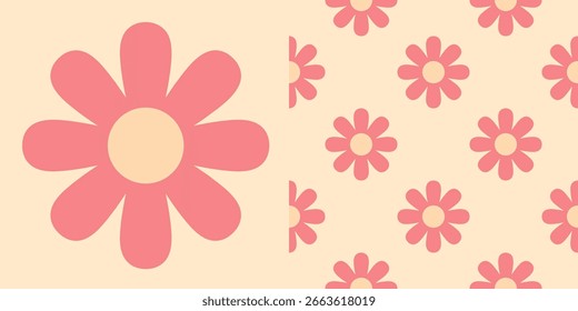 Patrón de toalla de playa de verano. Patrón de primavera sin fisuras de flores rojas. Fondo de pantalla Daisy. Antecedentes de margaritas esparcidas alrededor. Patrón de Vector sin costuras. Estilo sencillo y minimalista. Color plano.