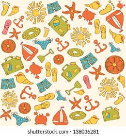 Summer beach and travel cartoon elements pattern. Vector Illustration.