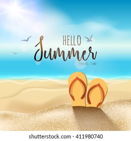 Summer beach travel design sunlight. Sunny beach with sand and sandals. Sea coast fun