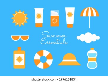 Summer beach travel essential stuff bright colorful postcard. Safe sunbathing summer vacation icon set isolated on blue background. Happy travel, happy journey! Simple style flat vector illustration.