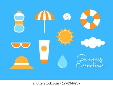 Summer beach travel essential stuff. Safe sunbathing icon set collection. Sunscreen, sunglasses, umbrella, sun hat and other things for summer beach vacation. Bright colorful flat vector illustration.