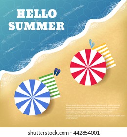 Summer beach travel flyers with beach items and wave top view vector eps 10