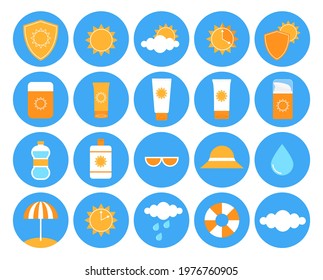 Summer Beach Travel Icon Set. SPF Sunblock Cream Bottles, Sun Protection Sigh, Safety Sunbathing, Weather Forecast Symbols. Safe Uva Uvb Sunscreen, Health Skin Care Sticker Collection. Flat Vector.