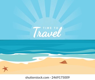 Playa de verano, viaje, paraíso de vacaciones de la naturaleza, océano o mar costa. texto hora de viajar, Ilustración vectorial