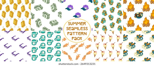 Summer Beach Travel Pattern Set. Seamless set of summer beach patterns with fruits, books, sandcastles, drinks, balls and chairs on white background. Flat cartoon fun style.